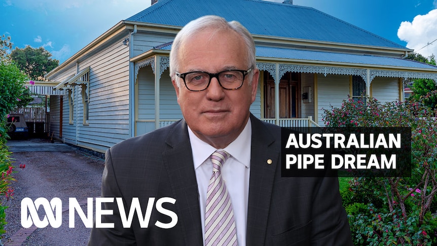 Australian Pipe Dream: A man in glasses and a suit superimposed over a house.