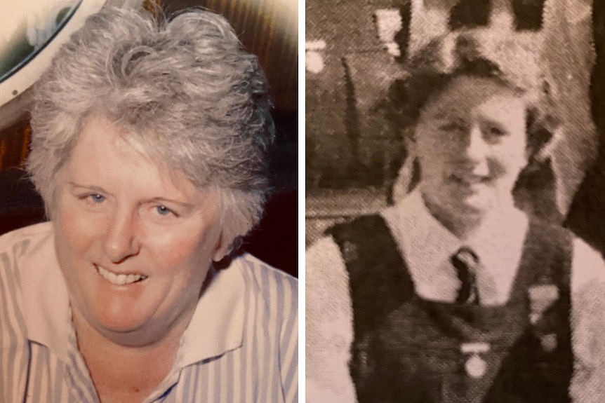 A split image showing a woman in middle-age and as a schoolgirl.