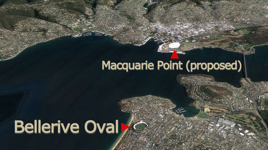 Locations of Bellerive Oval and proposed stadium at Macquarie Point shown on a satellite map of Hobart.