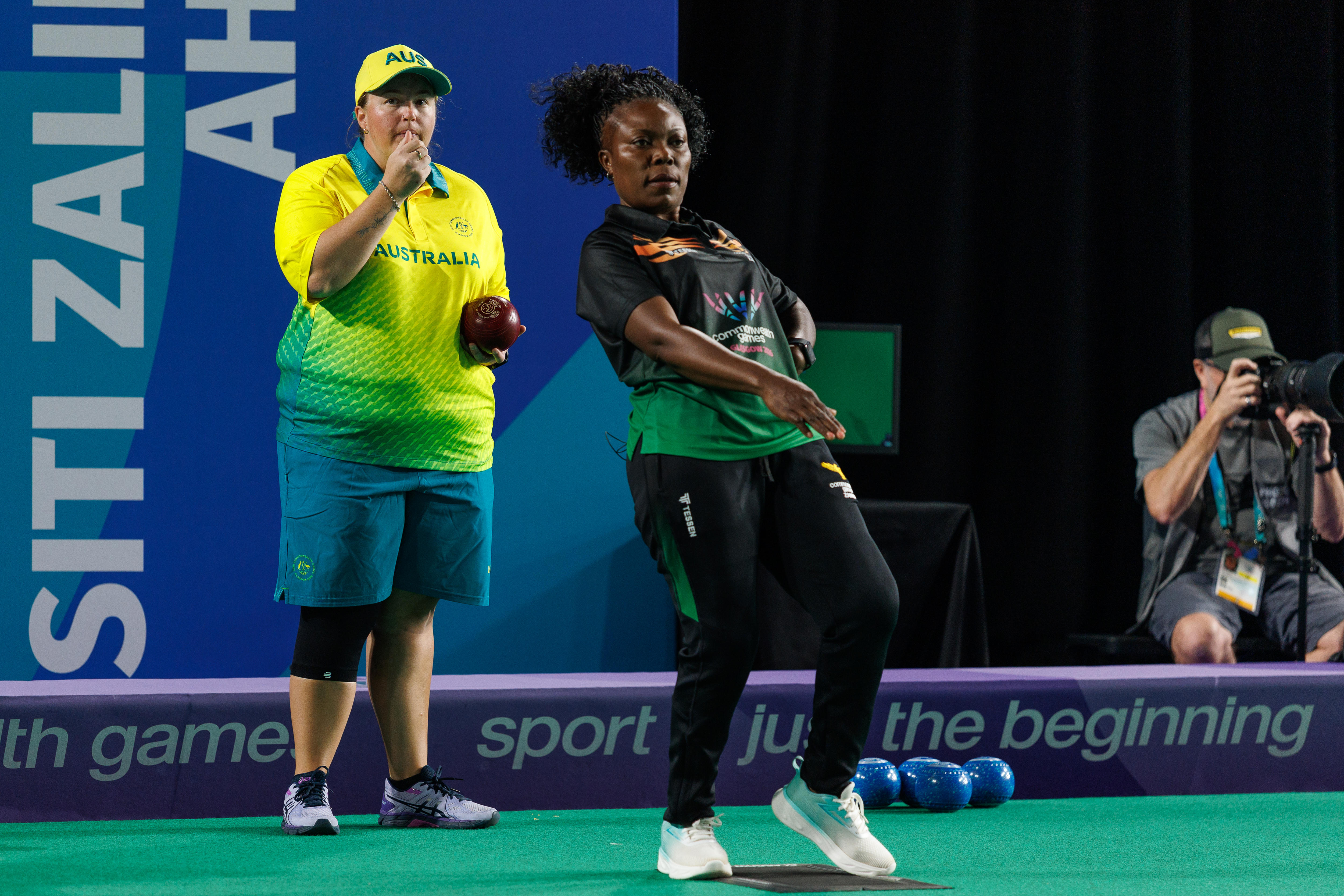 Australia's Dawn Hayman watches Zambia bowl at the Glasgow Commonwealth Games.
