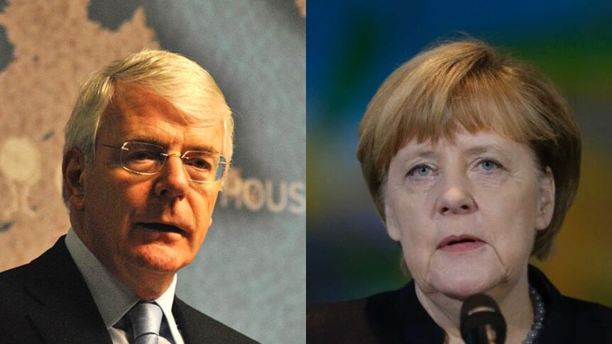 A composite image made up of headshots of former British PM Sir John Major, left,  and German Chancellor Angela Merkel, right