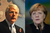 A composite image made up of headshots of former British PM Sir John Major, left,  and German Chancellor Angela Merkel, right
