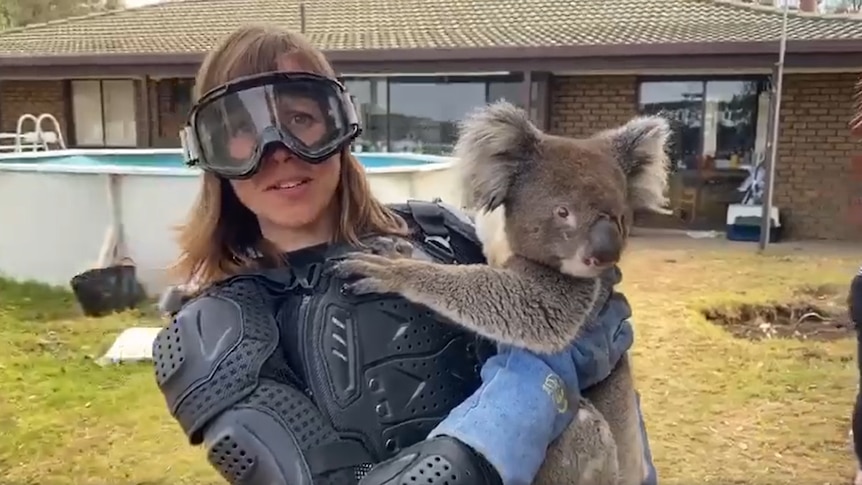A woman wearing goggles and arm and chest padding, holding a koala in a rural backyard.