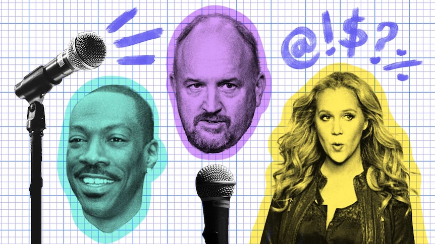 Illustrations of Eddie Murphy, Louis CK and Amy Schumer with microphones.