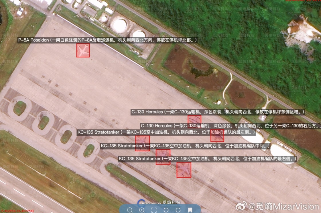 Satellite image of a structure, with plane symbol and writing.