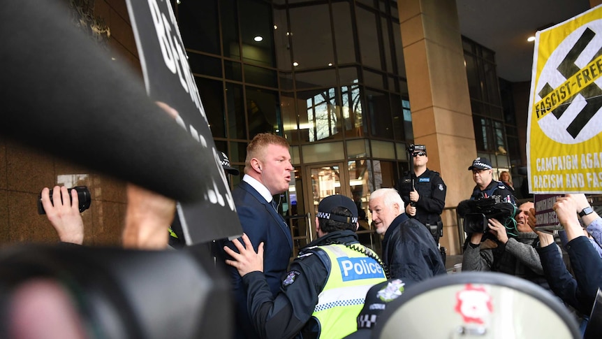 United Patriots Front leader, Blair Cottrell is seen at the Magistrates Court in Melbourne, Monday, September 4, 2017.