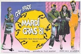 A pink and purple Mardi Gras poster dating back to 1981.