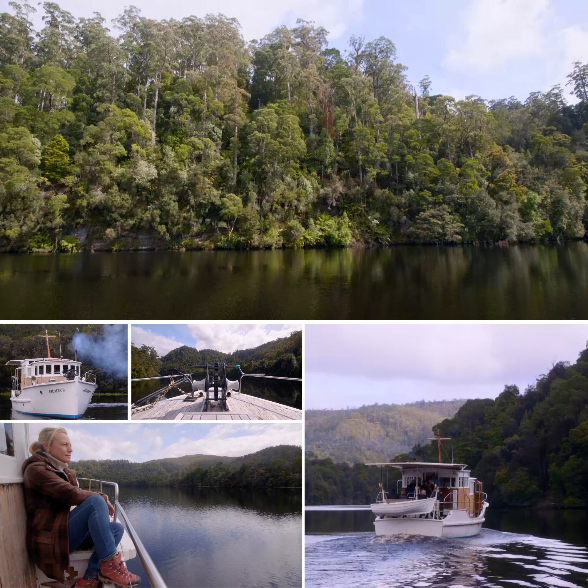 Serene river lined by tall rainforest. A small boat glides along the leaving ripples in its wake