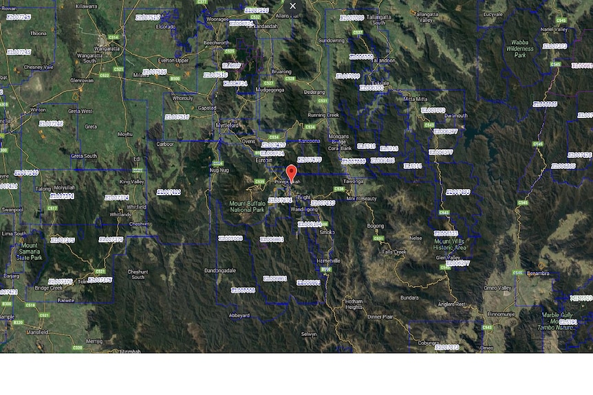 A map shows blue lines that outlines where exploration licence applications are.