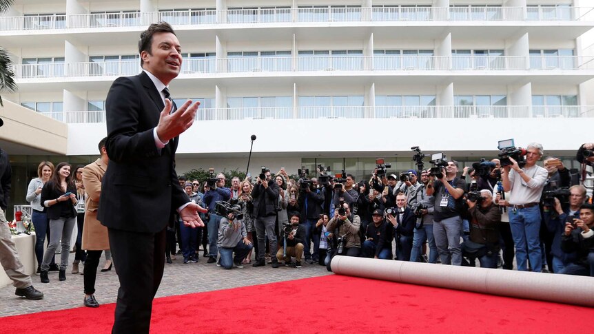 Jimmy Fallon attends a red carpet rollout during preparations for the 2017 Golden Globes.