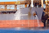 The bulk carrier Patricia Oldendorff at a port with cranes in the background.