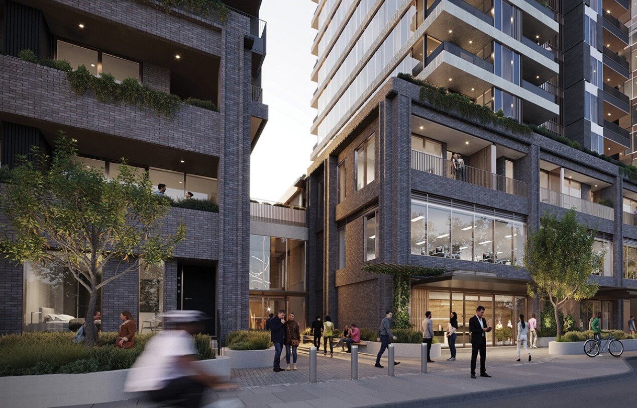 an artist's impression of a large building development showing people on the footpath and a bike riding past