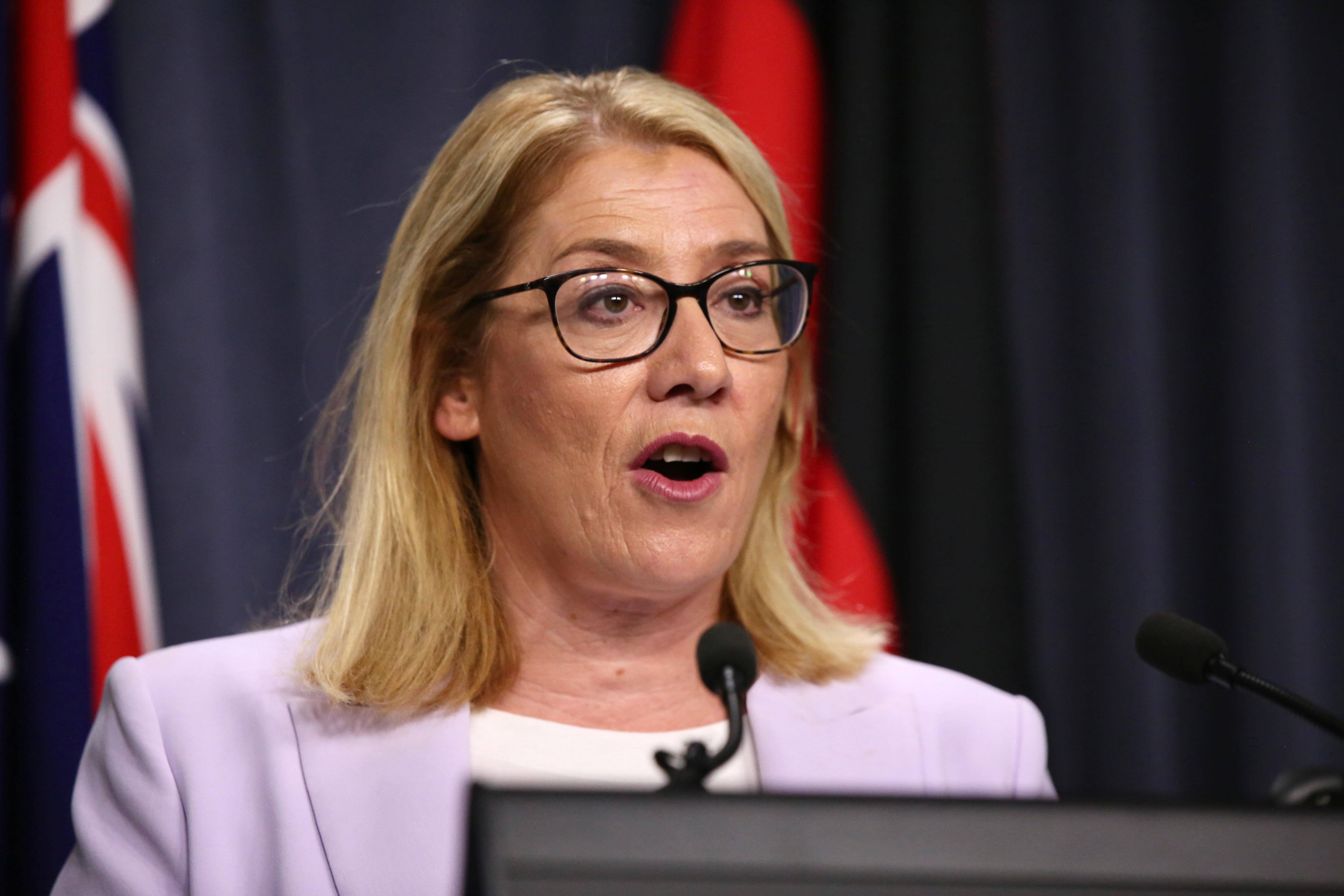 A head-and-shoulders shot of Rita Saffioti speaking at a media conference indoors wearing a lilac jacket and spectacles.