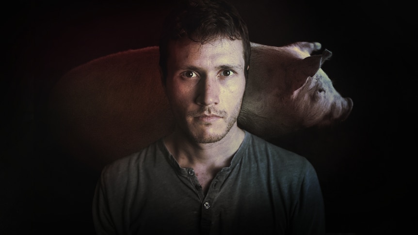 Composite image of a man with a pig behind him.