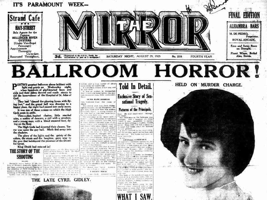 Black and white photo of cover of newspaper reading Ballroom Horror!