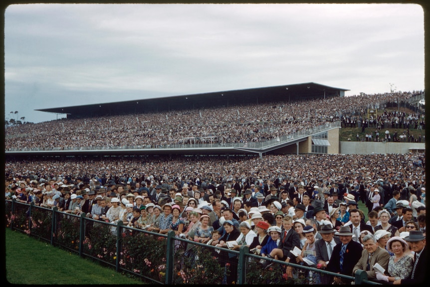 A throng of people wearing hats, suits and dresses are packed into the Flemington grandstand before a Melbourne Cup. 