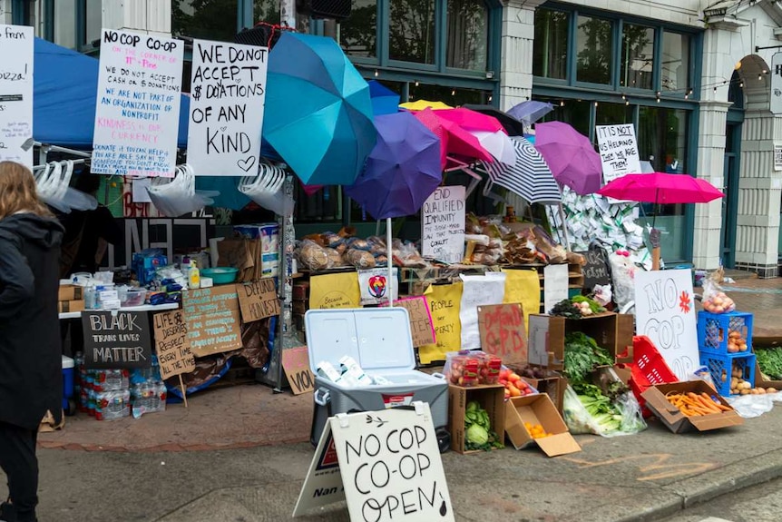 Stalls at the No Cop Co-op in Seattle's Capital Hill Autonomous Zone