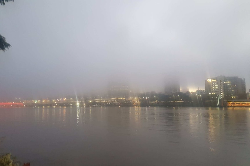 Brisbane River and CBD covered in fog, as seen from South Bank