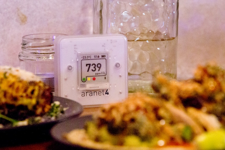 A square, white gadget with a screen reading 739 sits on a restaurant table behind two plates of food.