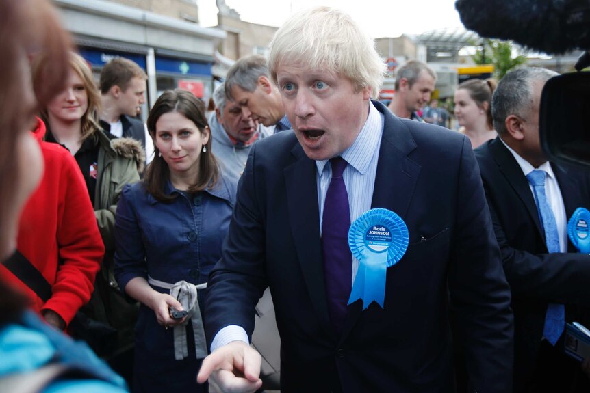 Boris Johnson pulls a shocked face as he campaigns in Uxbridge in 2015.