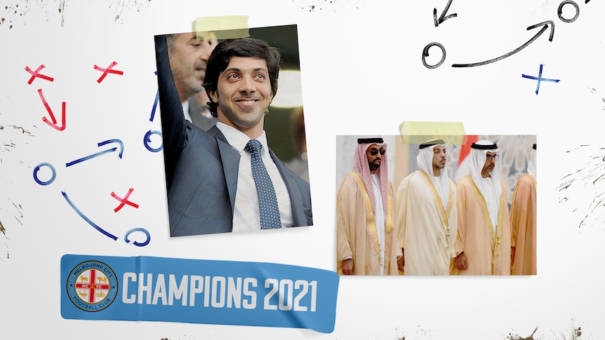 Photos of Sheikh Mansour and other royals are taped to a whiteboard covered in football strategies drawn with marker.