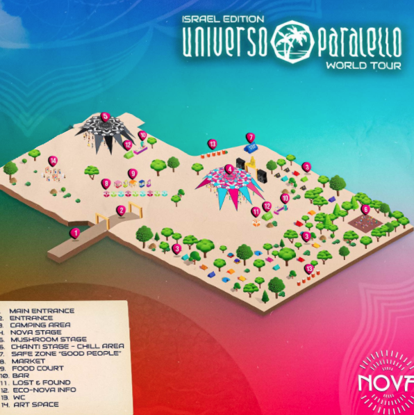 A map of a music festival with blue and pin background.