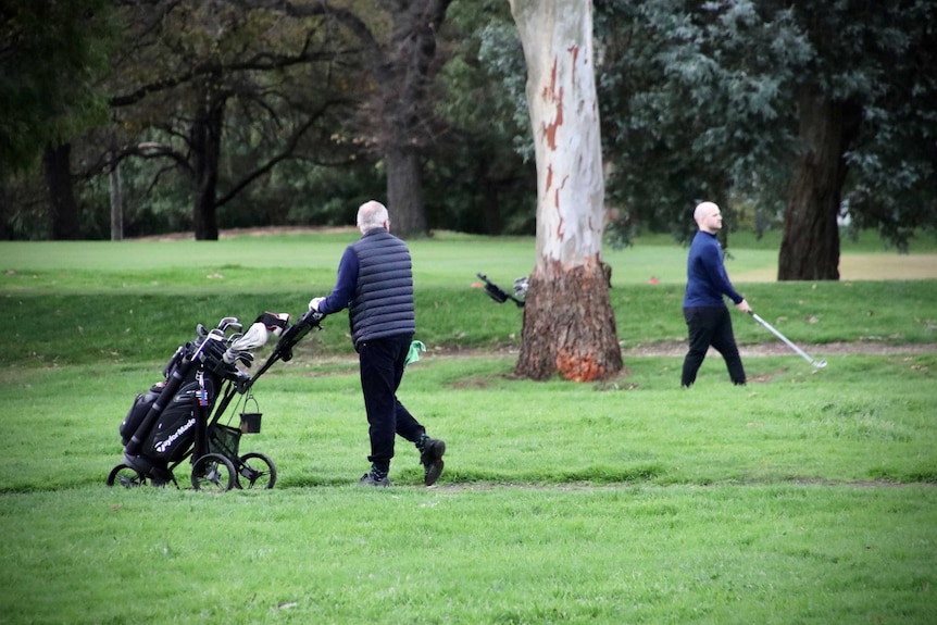 Two men on a golf course. One is pushing a golf bag, the other holds a golf club.