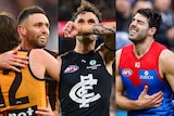 Jack Gunston of the Hawthorn Hawks, Zac Williams of Carlton and Christian Petracca of Melbourne Demons in round 13 of the AFL.