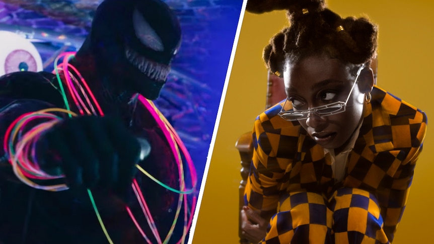 A collage of Little Simz and a still from the 2021 movie Venom: Let There Be Carnage