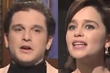 A composite image of Kit Harington and Emilia Clarke on Saturday Night Live.