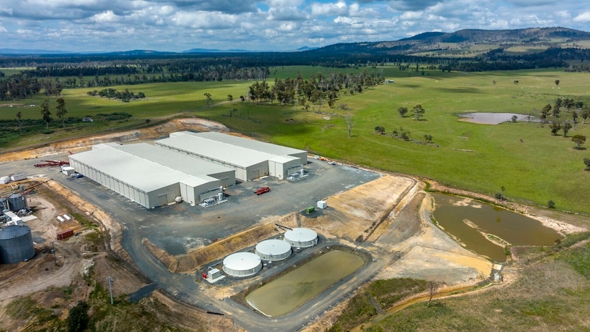 An aerial view of three large storage sheds used to store potatoes at Powranna in Tasmania