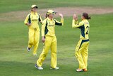 Meg Lanning celebrates the run out of West Indies' Anis Mohammed with Jess Jonassen (R)