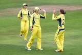 Meg Lanning celebrates the run out of West Indies' Anis Mohammed with Jess Jonassen (R)