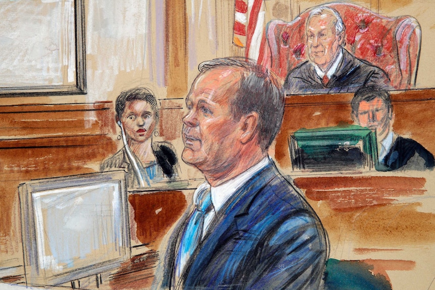 Sketch depicts Rick Gates testifying in court.