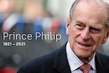 A photo of Prince Philip smiling, with the words "1921-2021".