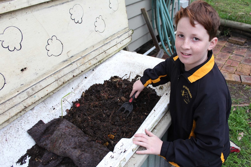 A young boy kneeling next to a bathtub full of dirt and worms