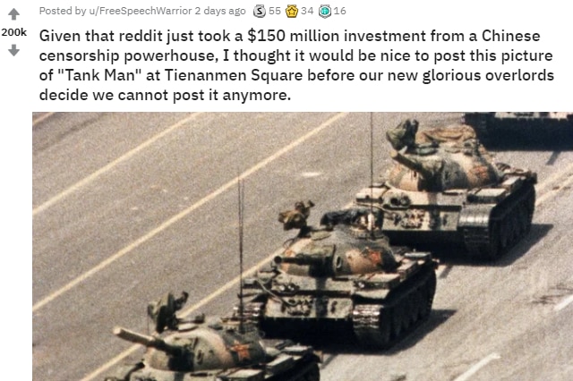 A screengrab of a post on the r/pics subreddit showing the Tiananmen Square protests
