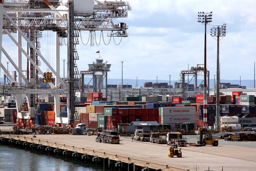 Shipping containers on the wharf at the Port of Brisbane.