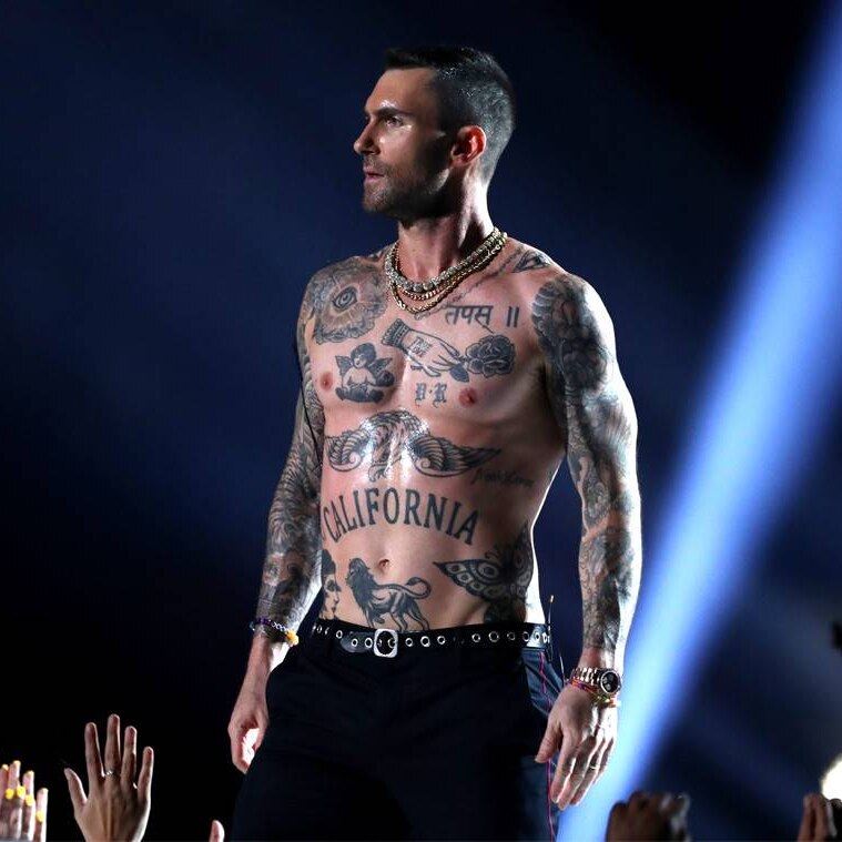 Maroon 5 frontman Adam Levine on stage at the 2019 Super Bowl Halftime Show