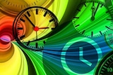 Clock faces and swirling colours.