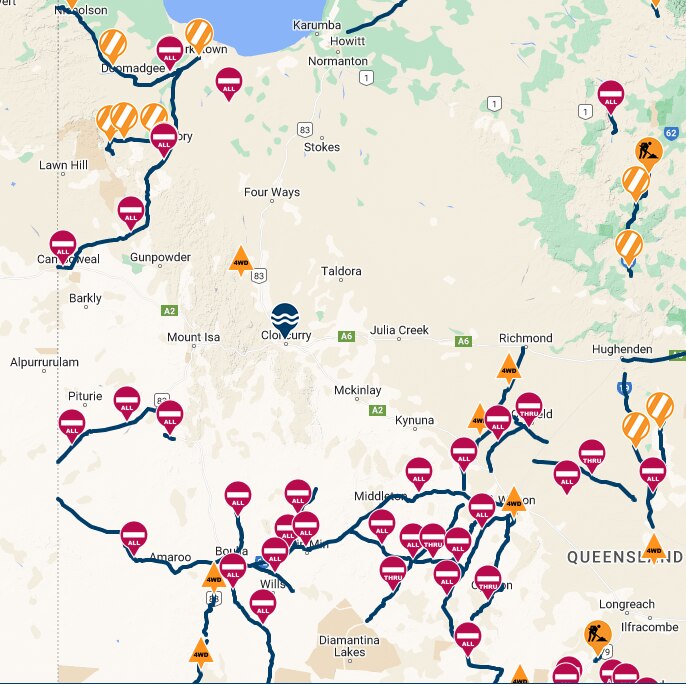 A map showing several roads closed in rural Queensland