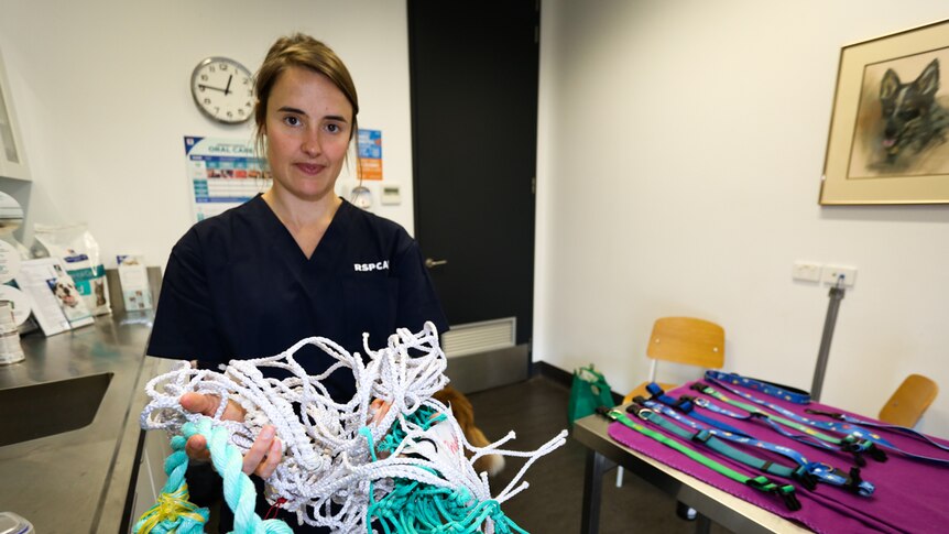 Steph Stubbe with some samples of fishing nets from Port Lincoln in South Australia she hopes to one day recycle.