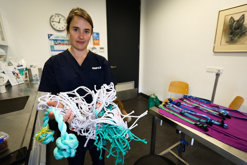 Steph Stubbe with some samples of fishing nets from Port Lincoln in South Australia she hopes to one day recycle.