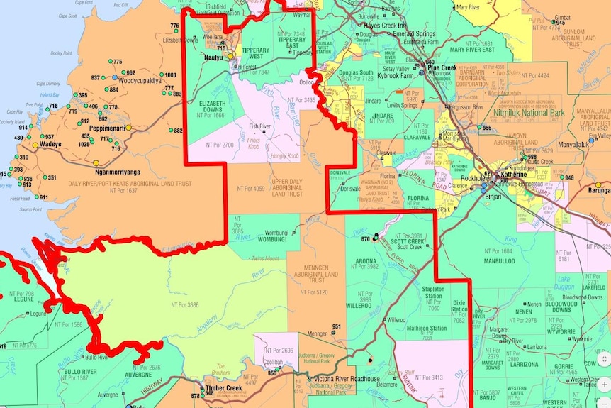 Part of a map showing a portion of the designated biosecurity areas in the Northern Territory.