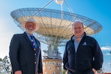 Ken Keith and John Sarkissian standing in front of the CSIRO Parkes Radio Telescope