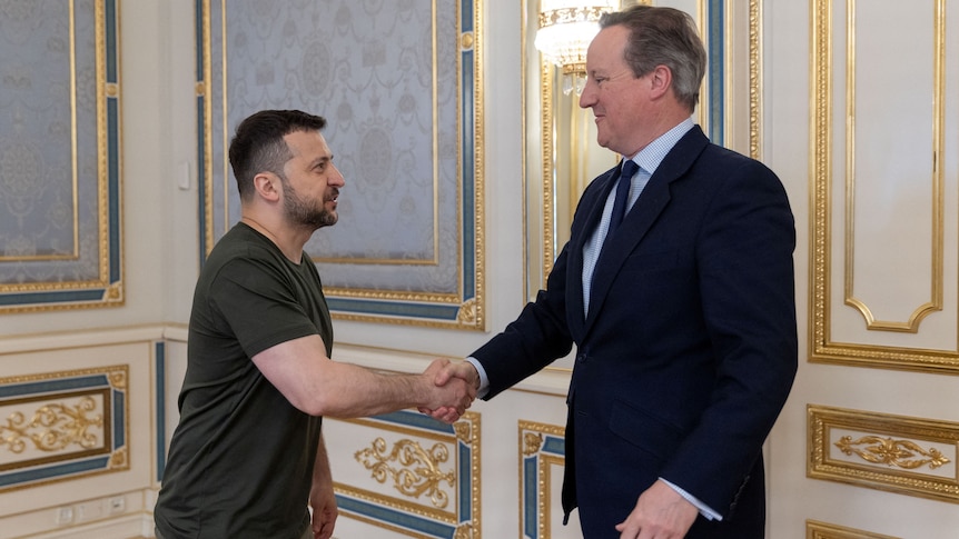Volodymyr Zelenskyy in a khaki shirt shaking hands with David Cameron wearing a suit. 