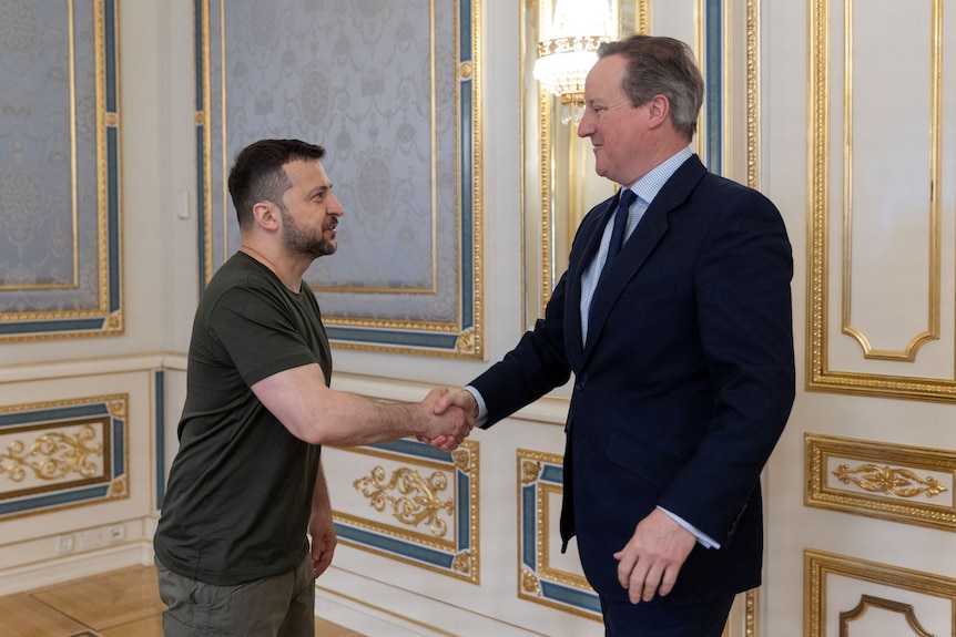 Volodymyr Zelenskyy in a khaki shirt shaking hands with David Cameron wearing a suit. 