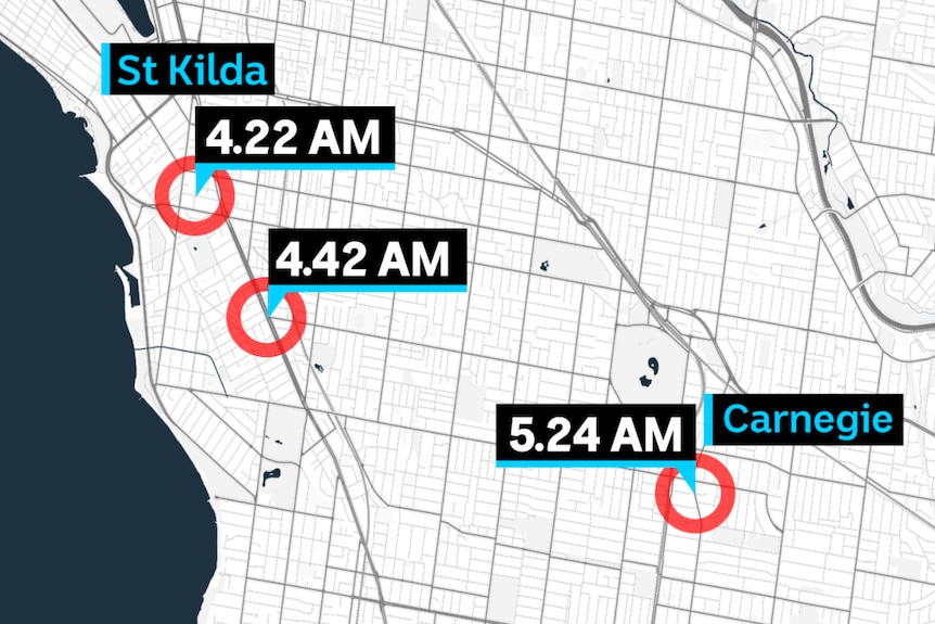 A map showing three times on a map, 4:22am at St Kilda, 4:42am and 5:42am at Carnegie.