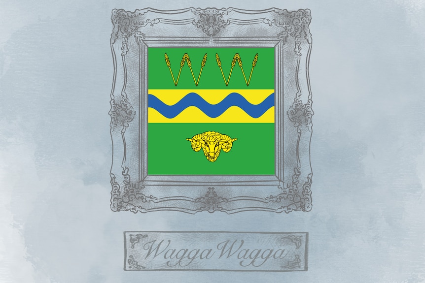 A flag featuring yellow wheat in the form of two Ws, a blue river, a yellow ram's head and a green background
