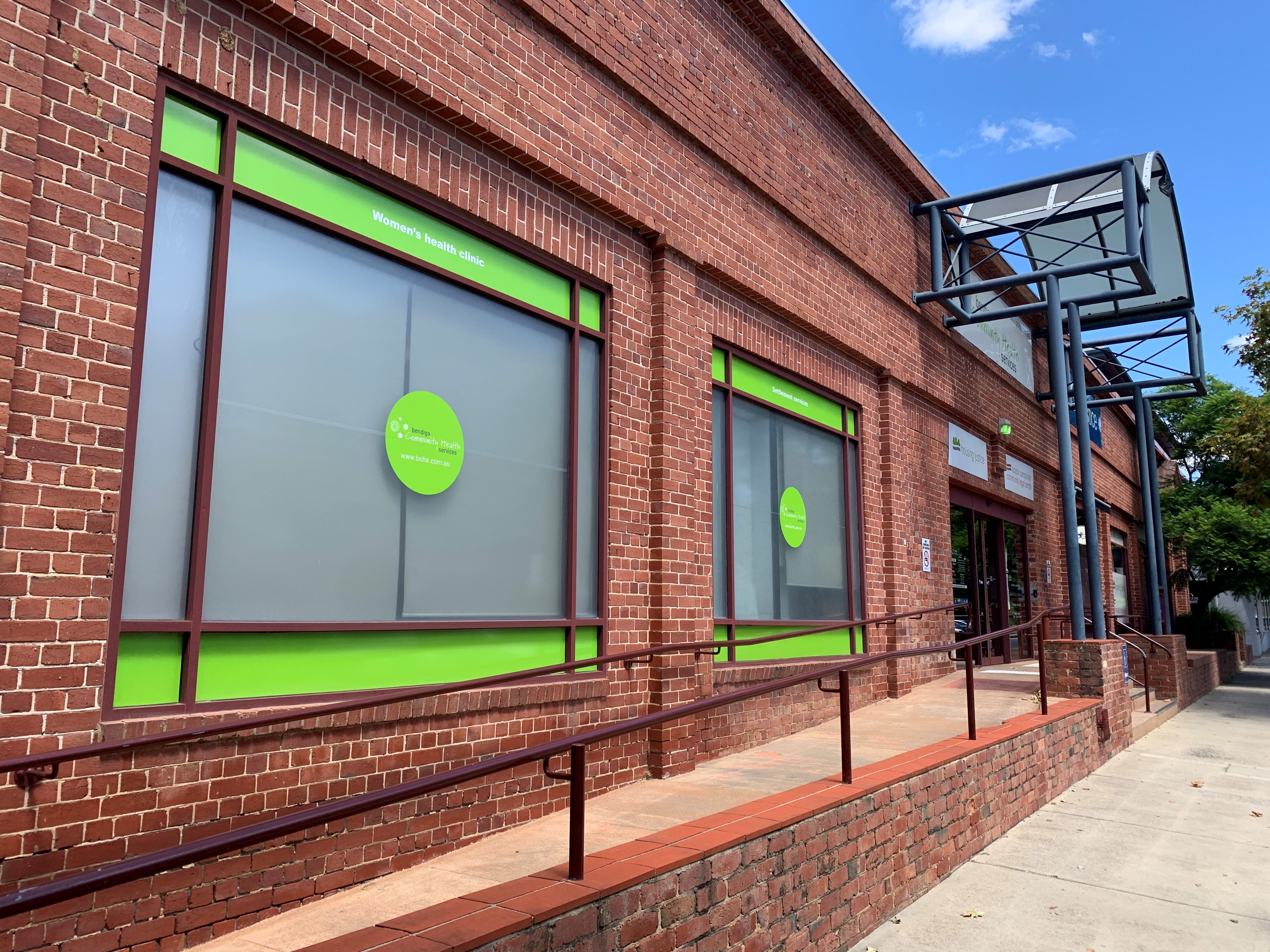 Street view of the entrance to Bendigo Community Health Services in Hargreaves Street,